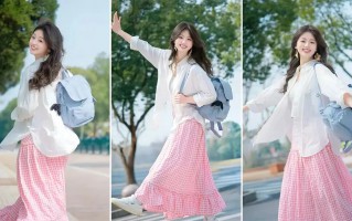 白衬衫配粉裙，9个元气拍照姿势来啦，活力感轻松拿捏