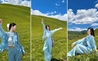 浅蓝套装撞上草原花海｜出片率拉满的 6 个拍照姿势