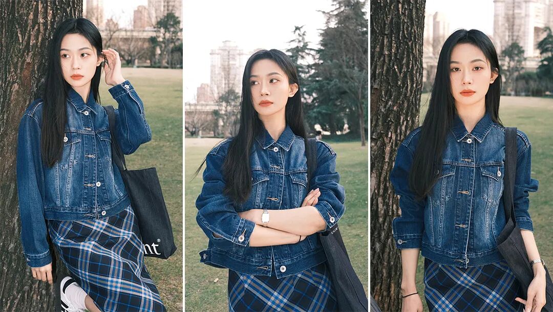 春天公园摆姿：牛仔 + 格纹裙轻松出片指南-第1张图片-风享汇