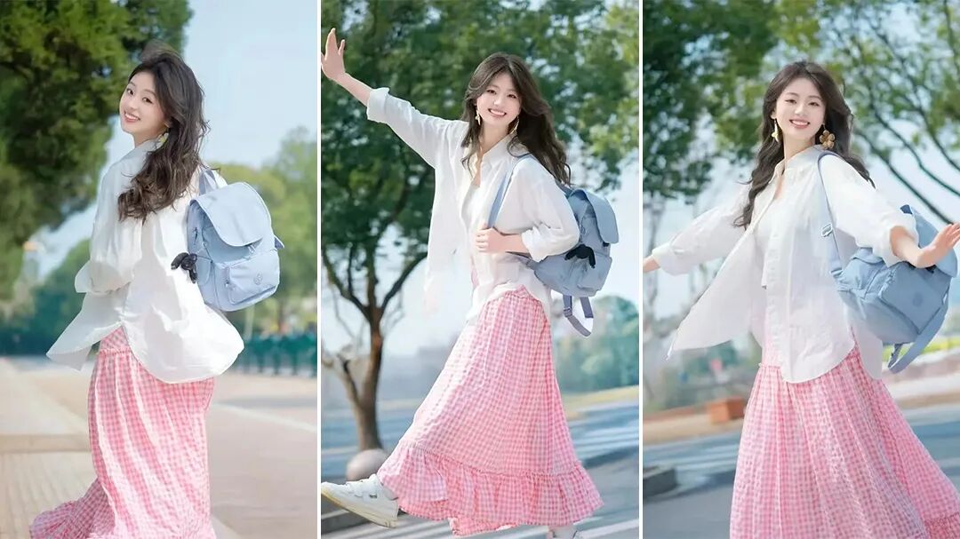 白衬衫配粉裙，9个元气拍照姿势来啦，活力感轻松拿捏-第1张图片-风享汇