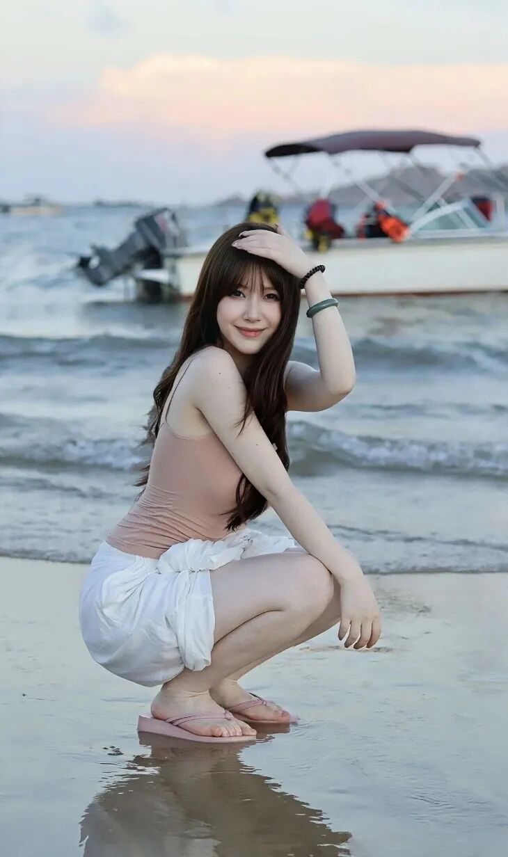裸粉吊带配白短裤，海边拍照这7个姿势直接出片-第7张图片-风享汇