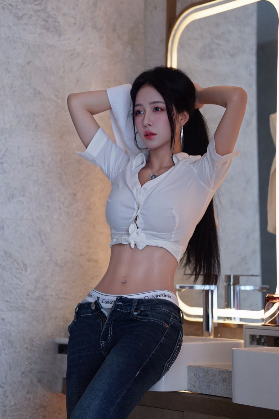 白衬衫牛仔｜浴室氛围感写真-第4张图片-风享汇