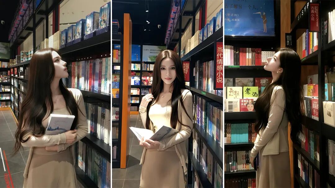 奶茶色穿搭逛书店，这样拍显瘦又好看，姿势全教你-第1张图片-风享汇