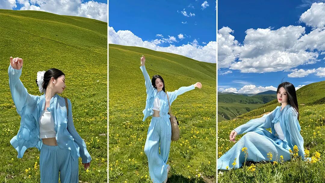 浅蓝套装撞上草原花海|出片率拉满的 6 个拍照姿势-第1张图片-风享汇 浅蓝套装撞上草原花海|出片率拉满的 6 个拍照姿势-第1张图片-风享汇